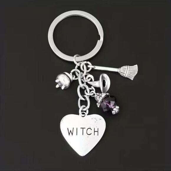 Witch, Keychain with cauldron broom, witch hat, purple beaded, glass, crystal - Picture 2 of 5